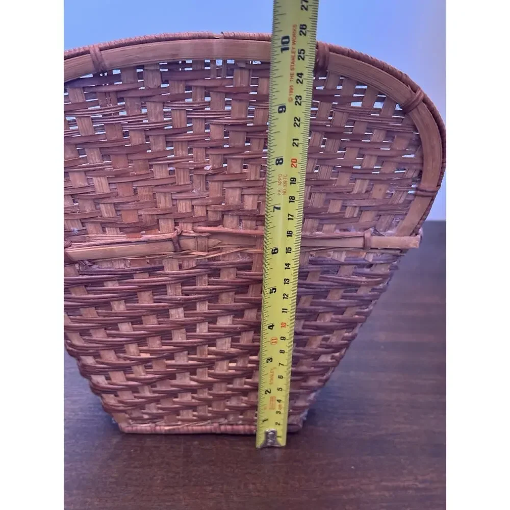 Woven Wicker Basket Two Tone Brown Pocket Flat Back Boho Farmhouse Decor Storage